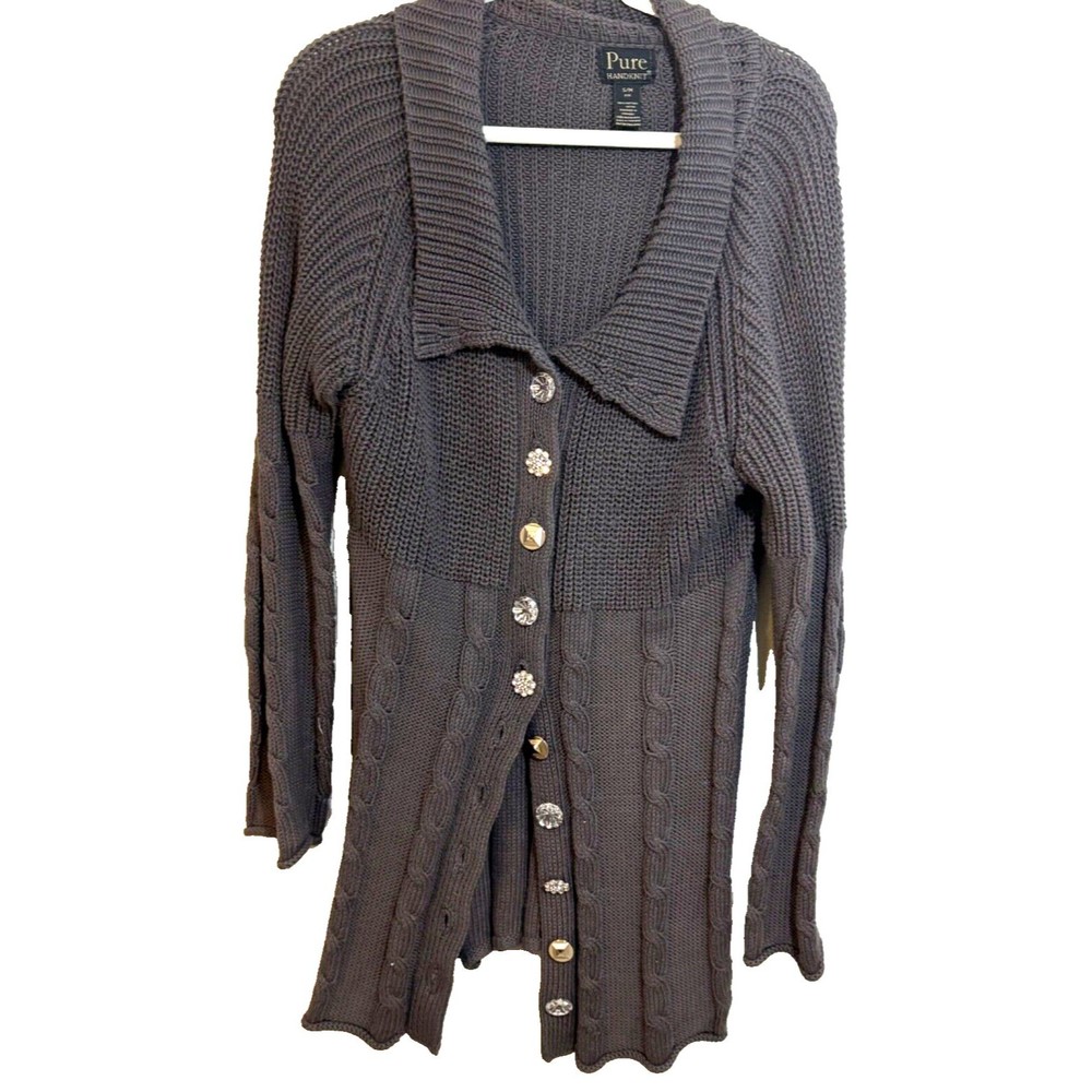 Pure Handknit Cotton Long Cardigan 5 Jewel Button Closure w/slits  Gray S/M‎